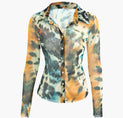 Tie Dye Mesh Button Up Long Sleeve Shirt