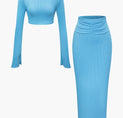 Rib Knit Mock Neck Long Sleeve Crop Top And Maxi Skirt Set