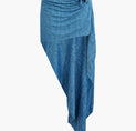 a denim wrap skirt with a flower on the side