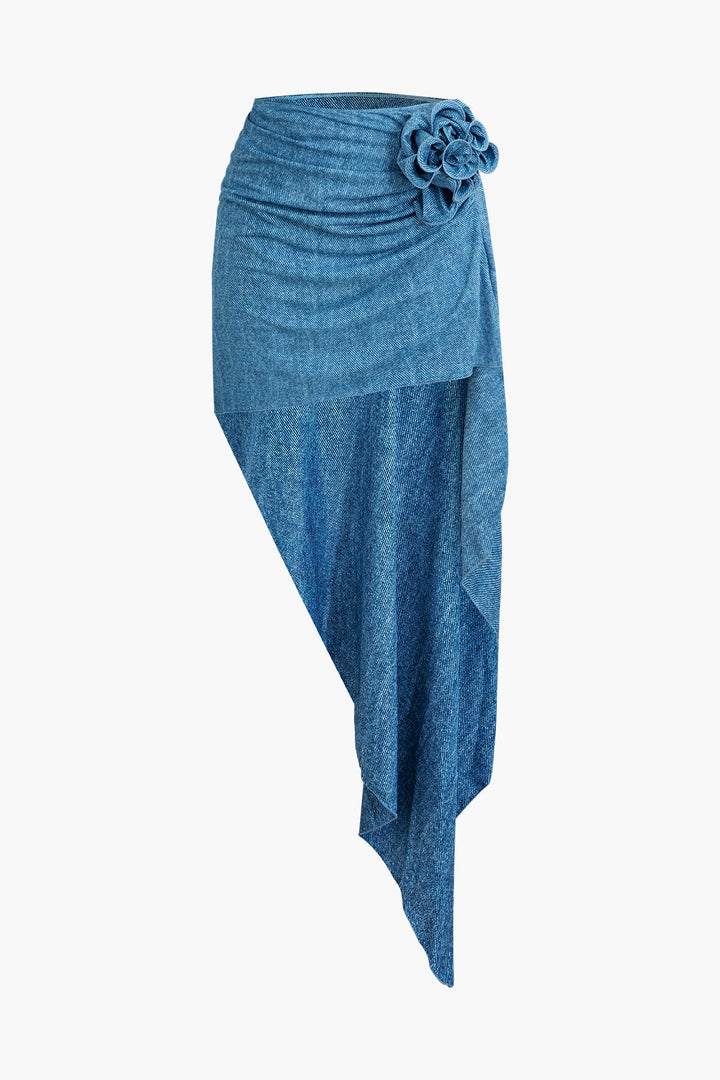 a denim wrap skirt with a flower on the side