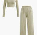 Solid Mock Neck Top And Elastic Waist Straight Leg Pants Set