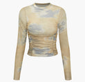 Tie Dye Ruched Mesh Long Sleeve Top
