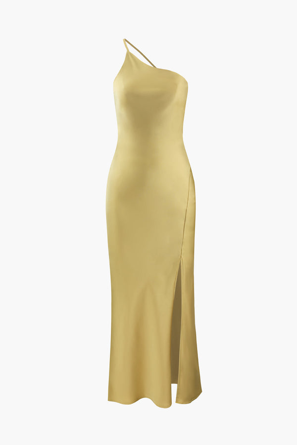 Asymmetric Satin Backless Slit Midi Dress