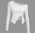 Asymmetrical Snap Button One Shoulder Long Sleeve Top
