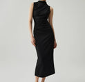 Mock Neck Sleeveless Split Ruched Long Dress