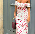 Sweetie Polka Dot Ruffle Hem Off-Shoulder Long Dress