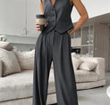Solid V-Neck Waistcoat With Wide Leg Pants Set
