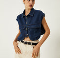 Denim Pockets Turn Down Collar Vest