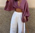 Tie-Front Long Sleeve Cropped Blouse