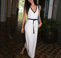 Contrast V Neck Belted Long Dress