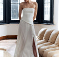 Solid Pleated Strapless Split Dress