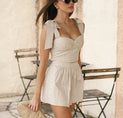 Knot Strap Shirred Solid Shorts Set