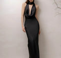 Deep V-Neck Halter Satin Long Dress