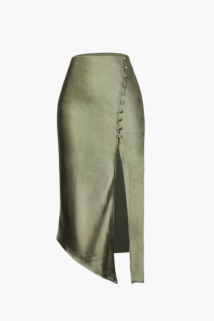 a green leather skirt with a side slit
