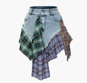a denim skirt with a plaid print on the side
