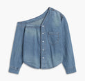 a woman wearing a denim shirt with an off shoulder