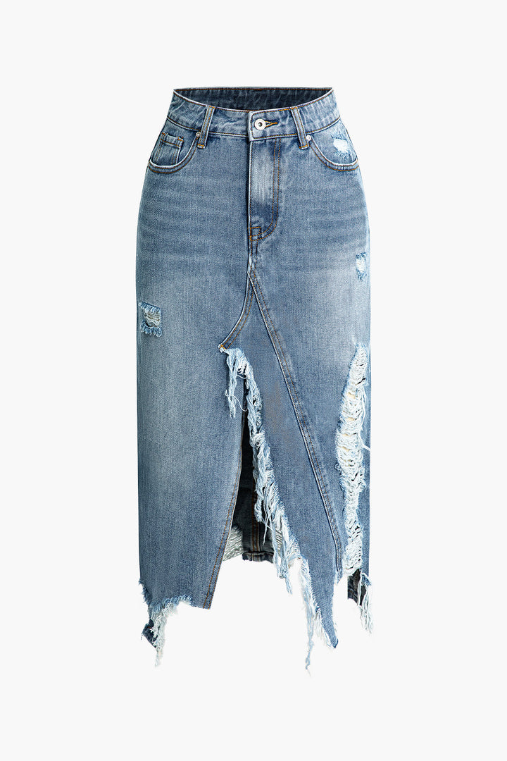 a woman wearing a denim skirt with torn edges
