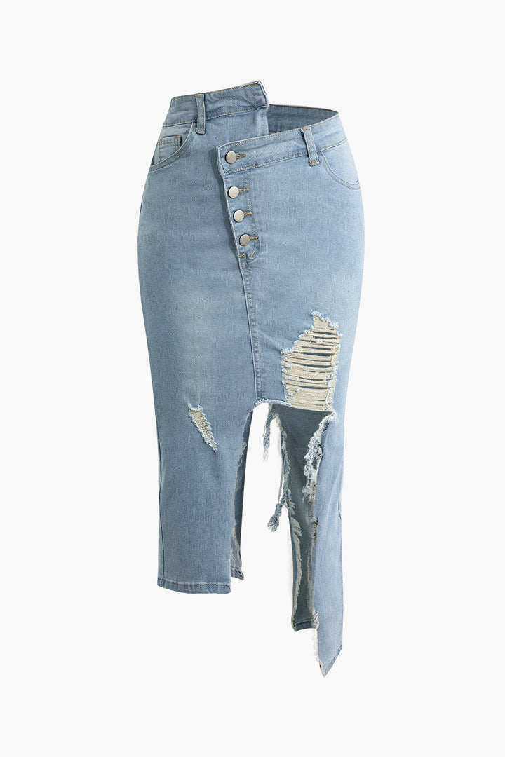 a woman ' s denim skirt with a torn knee