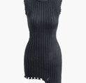 Asymmetrical Round Neck Short Sleeve Cable Knit Mini Dress (S / BLACK)