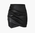 Asymmetrical Ruched Faux Leather Mini Skirt (XL / BLACK)