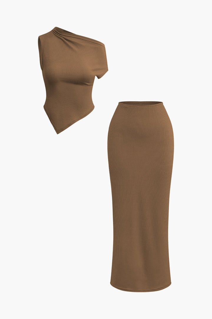 a brown skirt and top on a white background