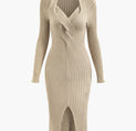 V-neck Rib Knit Slit Midi Dress