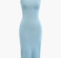a light blue knit dress with spaghetti straps