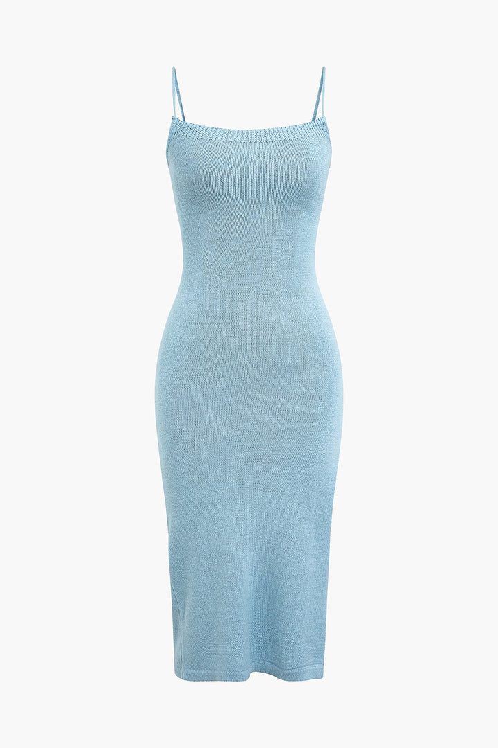 a light blue knit dress with spaghetti straps