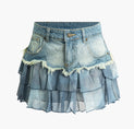 Mesh Patchwork Frayed Denim Mini Skirt