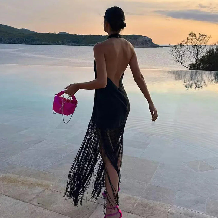 Capri Fringed Open Back Halter Midi Dress