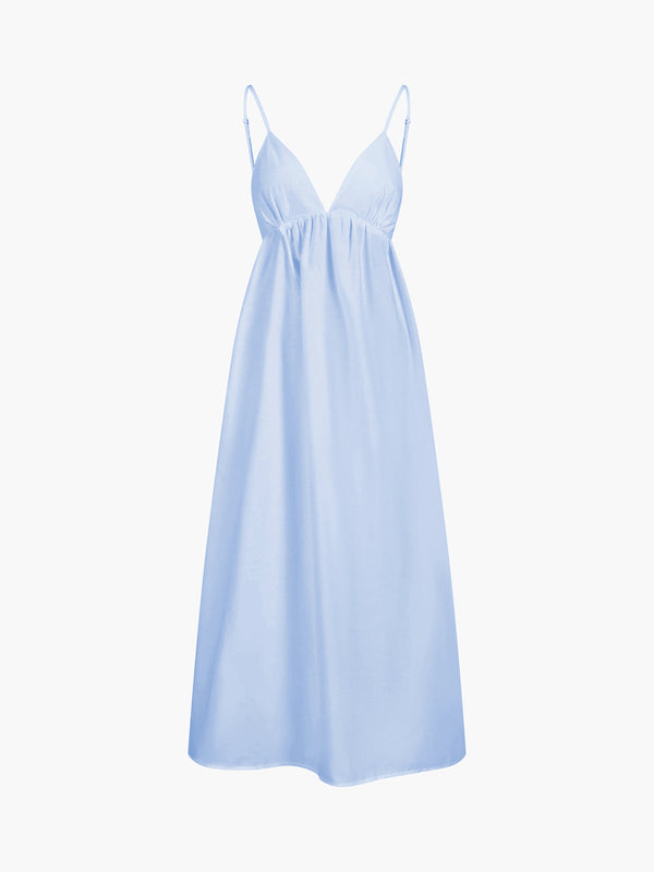 a light blue dress with spaghetti straps