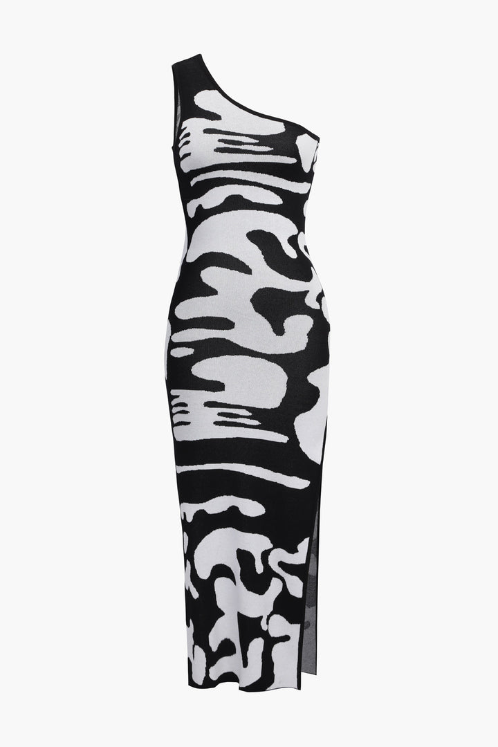 a black and white camouflage print dress