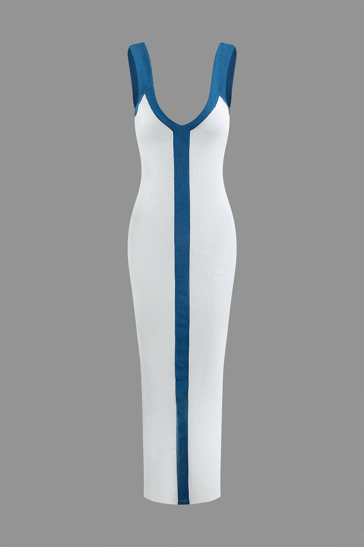 a white dress with blue trims