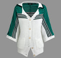 a white cardigan sweater with green and black stripes