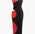 a black and red dress on a white background