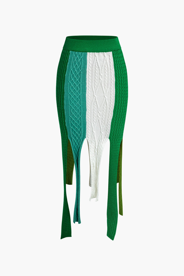 a green and white cable knit skirt