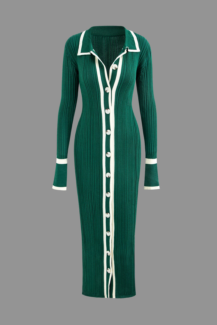 a green dress with white trims and buttons