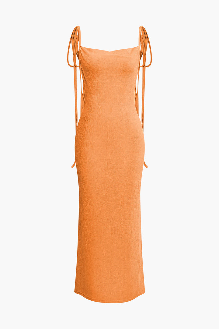 Cowl Neck Backless Tie Maxi Dress (XL / ORANGE)