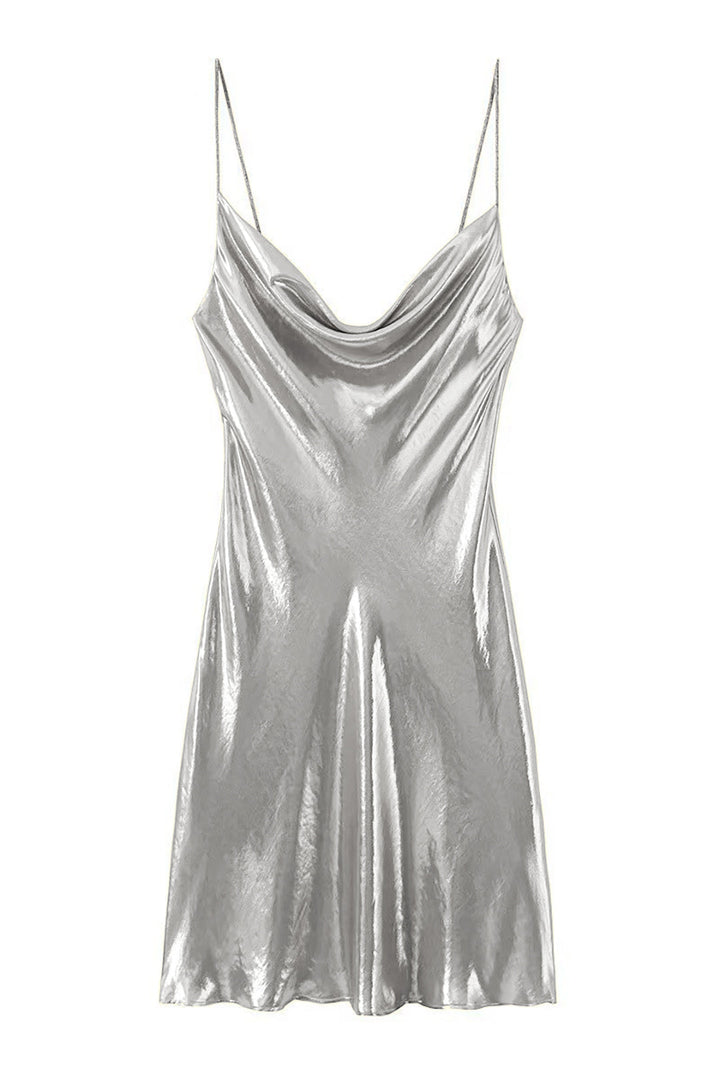 a silver top with spaghetti straps and spaghetti straps