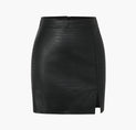 a black leather skirt with a high waist