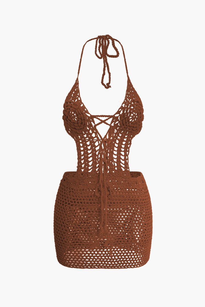a brown bikini top with an open back and lace detailing