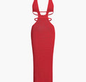 a red dress with a halt neckline