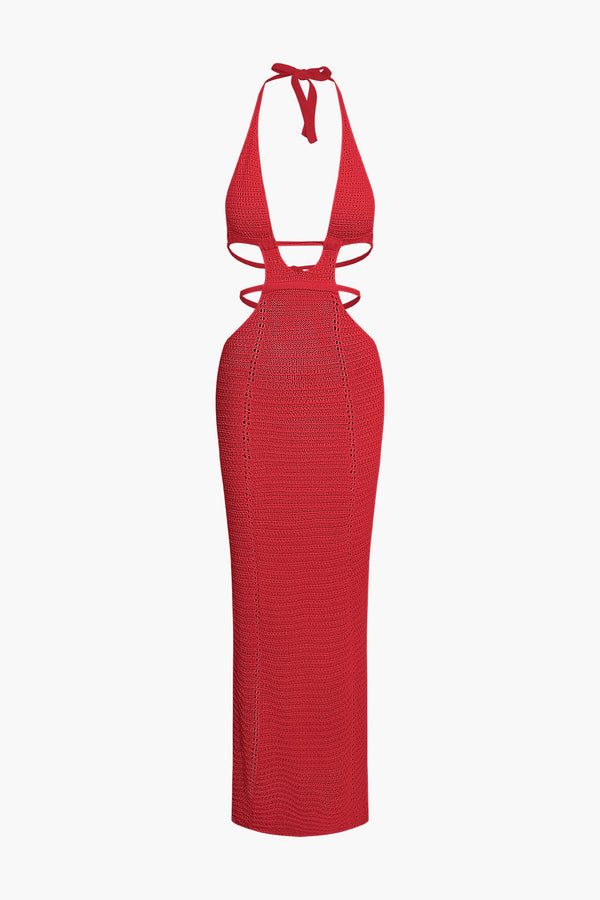 a red dress with a halt neckline
