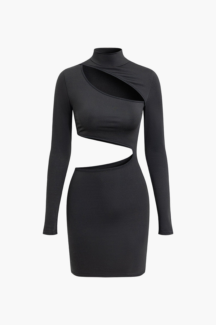 a black dress with long sleeves and a high neckline