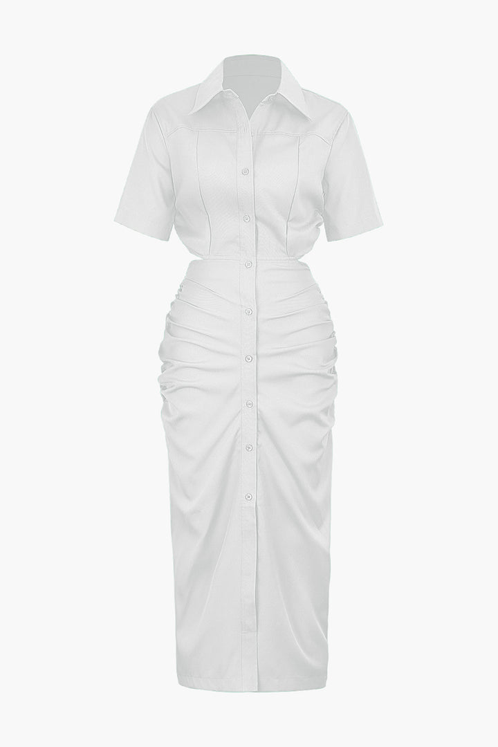 a white dress with short sleeves and buttons