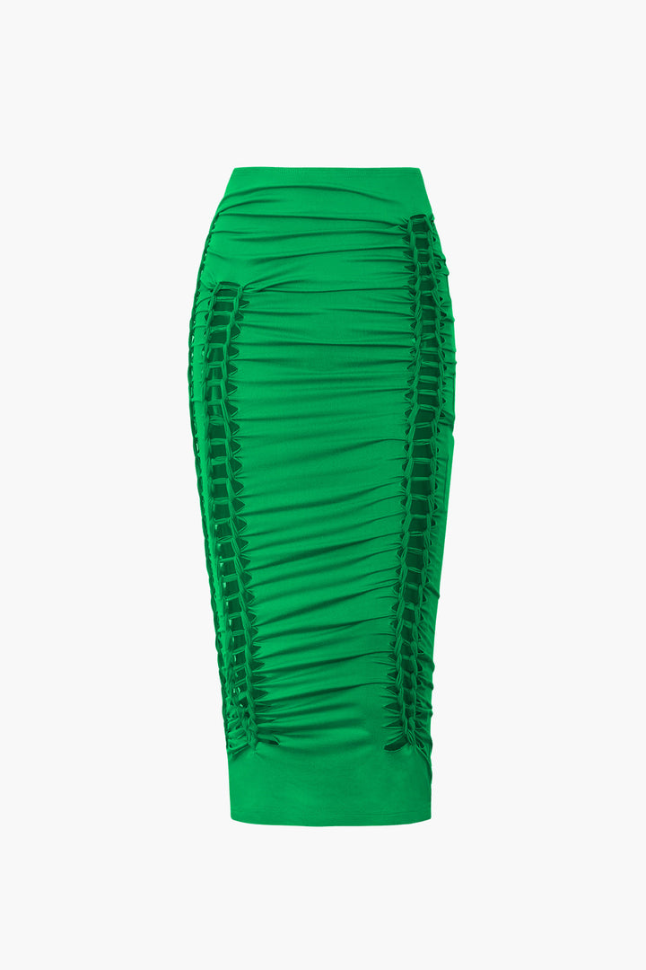 a green skirt with ru detailing on the side