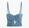 Destroyed Hook And Eye Denim Bustier Cami Top (L / LIGHT WASH BLUE)