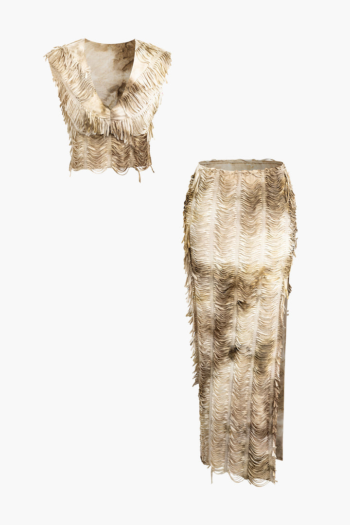 Distressed V-neck Cap Sleeve Crop Top And Slit Maxi Skirt Set (S / MULTICOLOR)