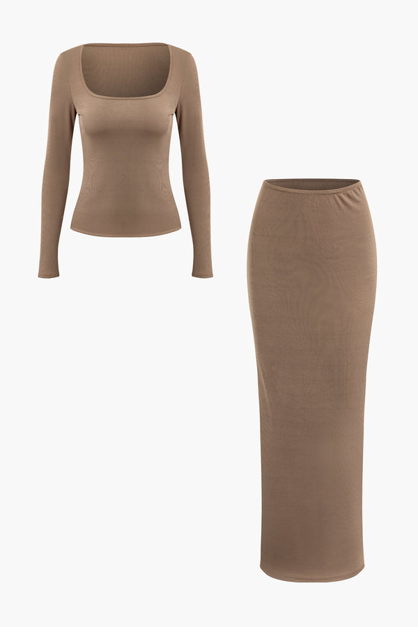 Square Neck Long Sleeve Top And Maxi Skirt Set