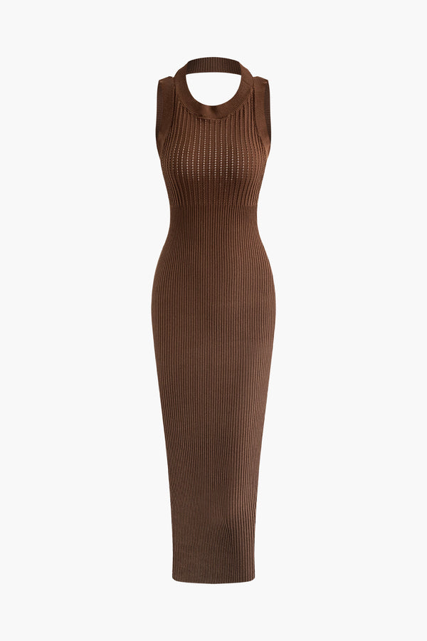 Halter Backless Sleeveless Rib Knit Maxi Dress